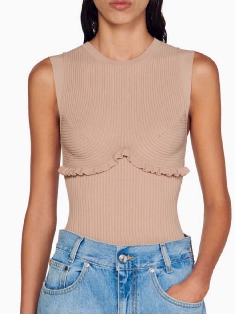 NWOT $220 Sandro Beige Ribbed Bodysuit size 0 - Picture 5 of 15
